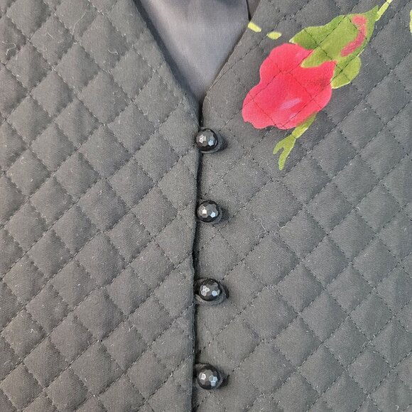 Quilted Floral Vest Size 12 Susan Bristol Winter Rose Black USA Button Deadstock - Picture 3 of 9